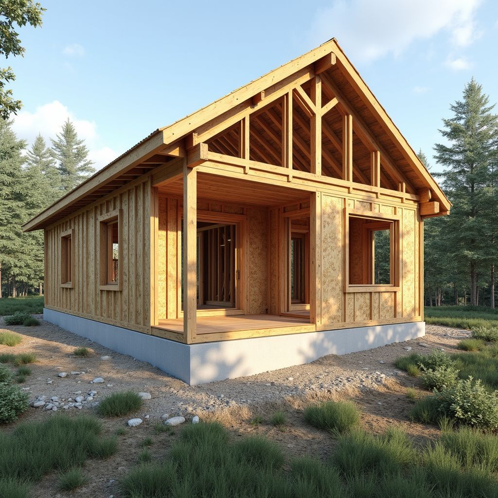 Wooden cabin under construction in a wooded area; exposed framing, gray foundation.