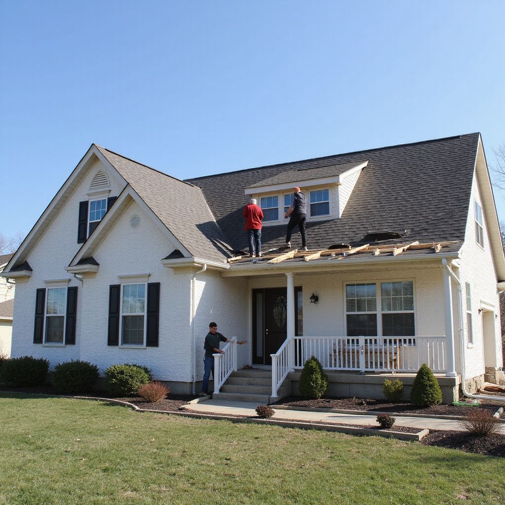 Three people working on a house roof. One on the ground, two standing on the roof in the sun.