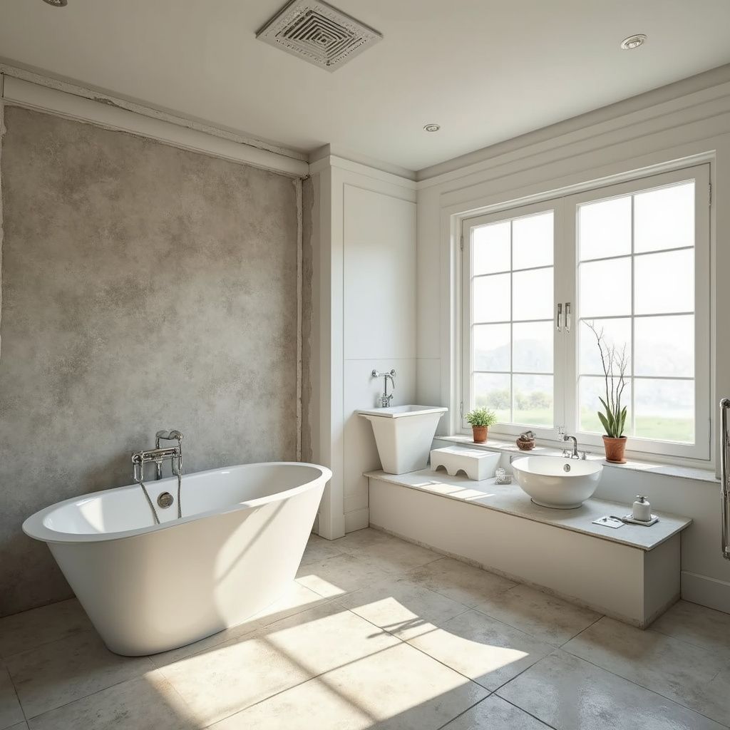 Bright bathroom with a freestanding tub, a large window with a view, and a built-in sink.
