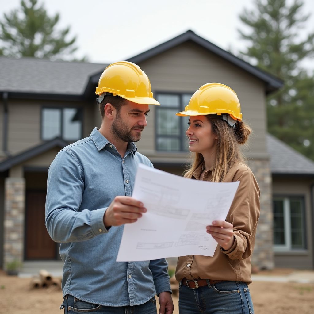 Man and woman in hard hats examining blueprints in front of a house under construction.