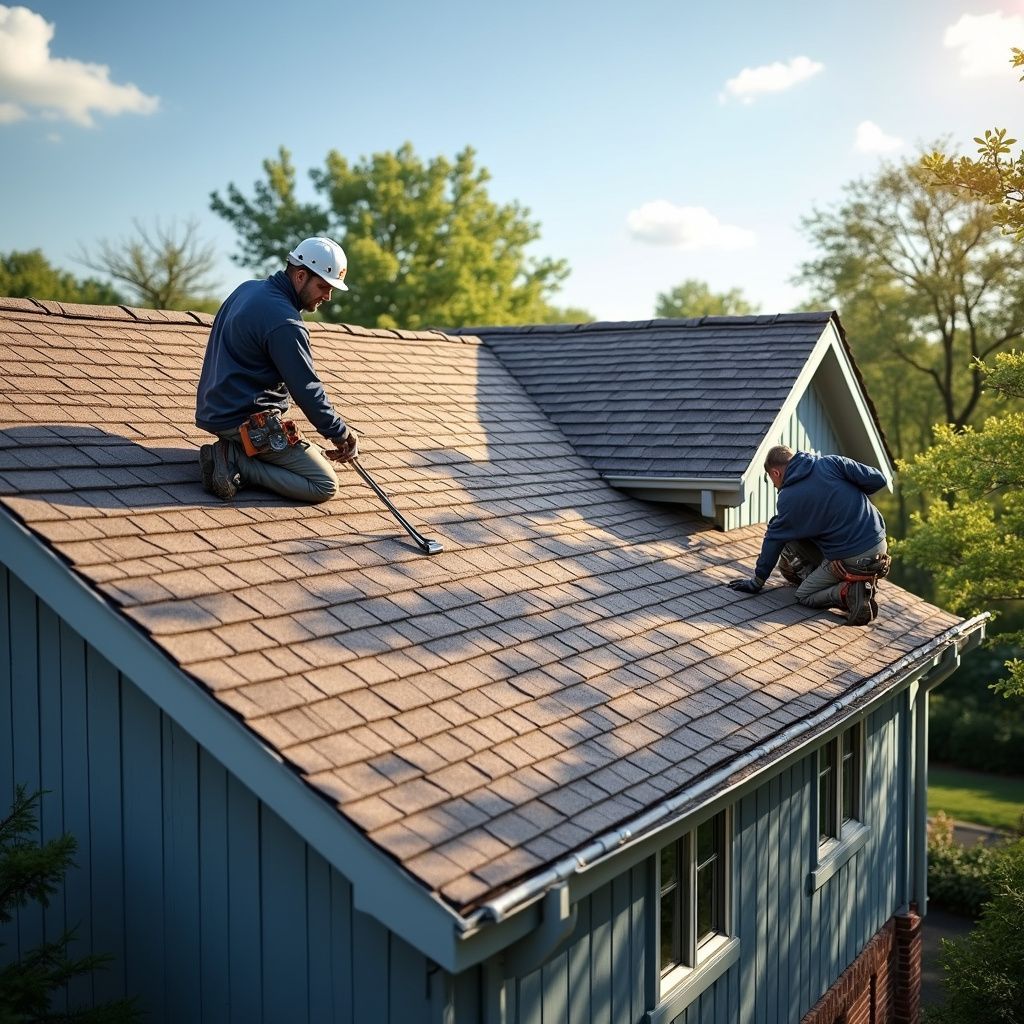Two roofers repair a shingled roof on a blue house. One uses a tool, the other works nearby.