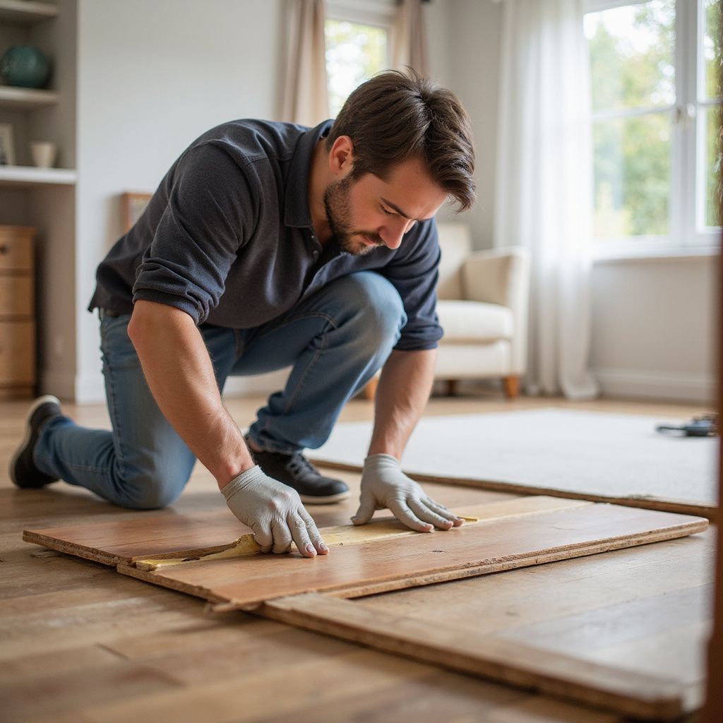 Man kneeling, installing wood floorboards; wearing gloves; indoor setting.
