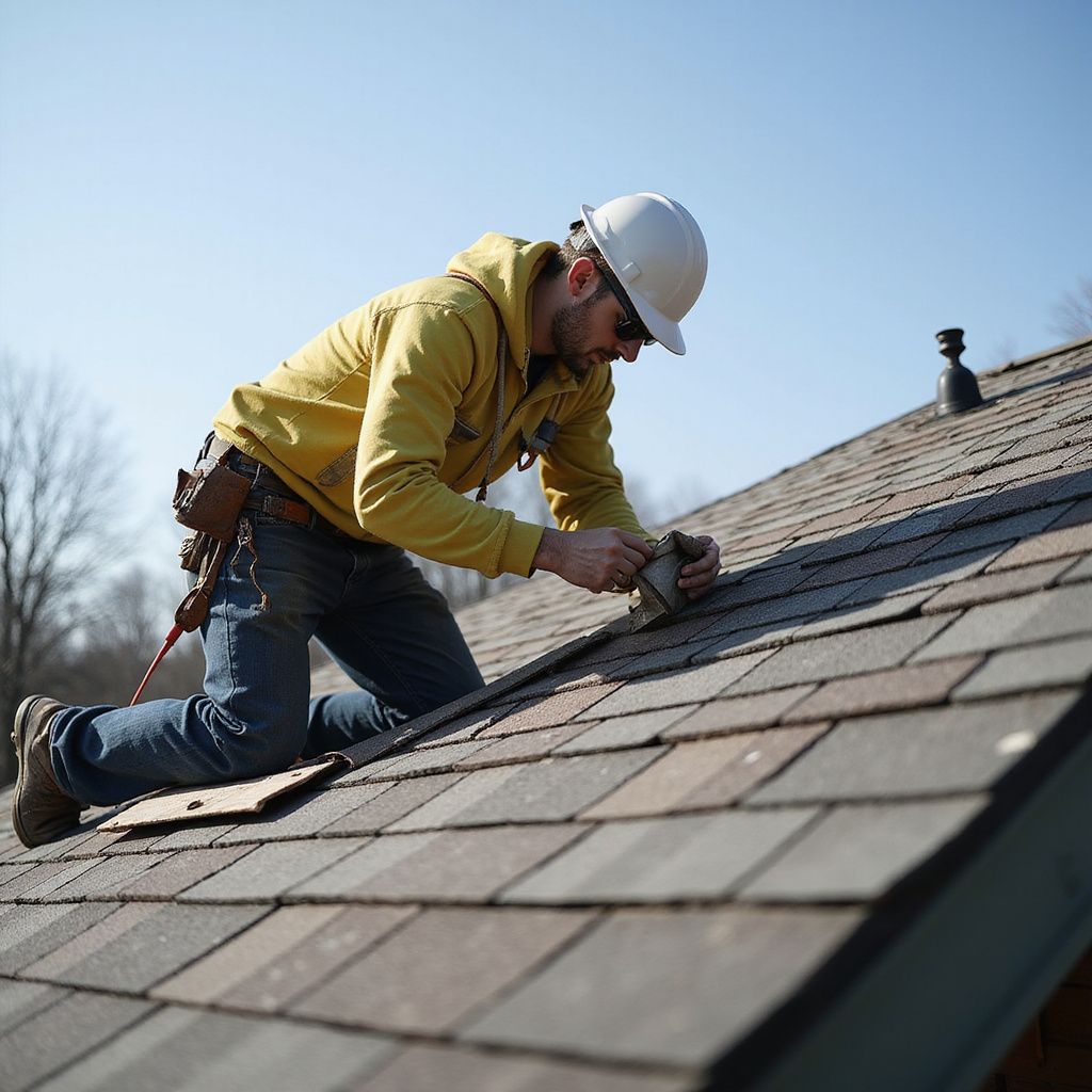 Roofer on a roof, wearing a hard hat, working with tools. Sunny day.