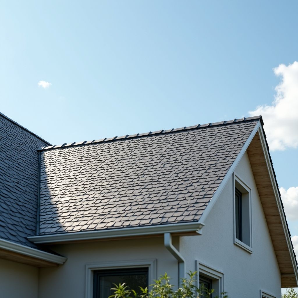House with gray shingled roof, white siding, and blue sky in background.
