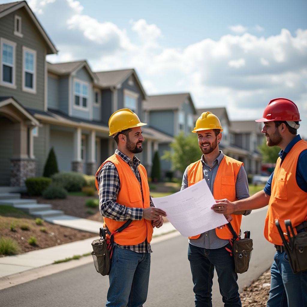 Construction workers reviewing blueprints on a residential street. They wear vests, helmets, and tool belts.