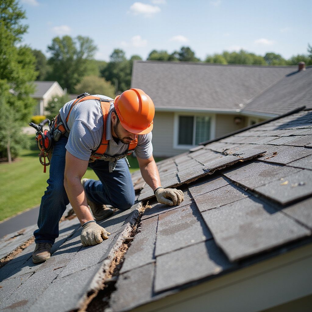 Roofer in orange hard hat and safety harness repairs a shingled roof on a sunny day.
