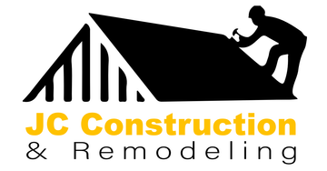 Logo for JC Construction & Remodeling. Black silhouette of person hammering a roof. Text is yellow and white.
