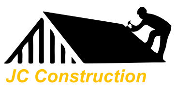 Logo for JC Construction: Silhouette of a worker hammering a roof with an abstract roofline and company name in gold.