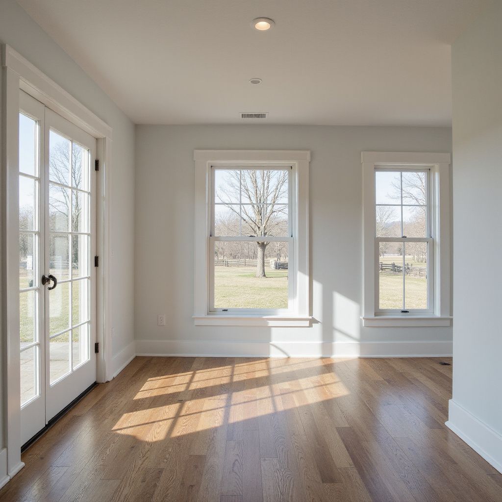 Empty room with hardwood floors, two windows, and French door; sunlight streams in.