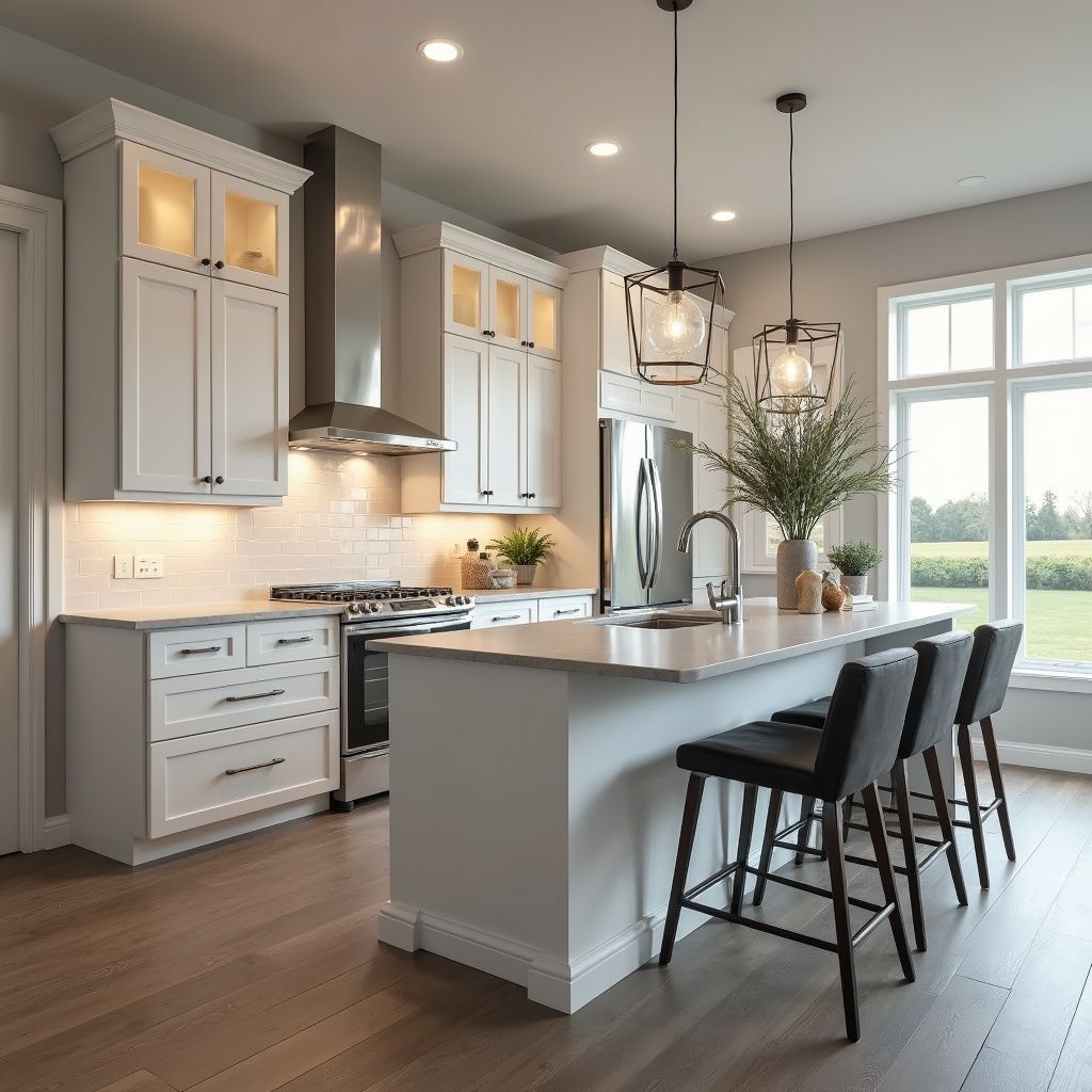 Modern white kitchen with island and bar stools, stainless steel appliances, and large window.