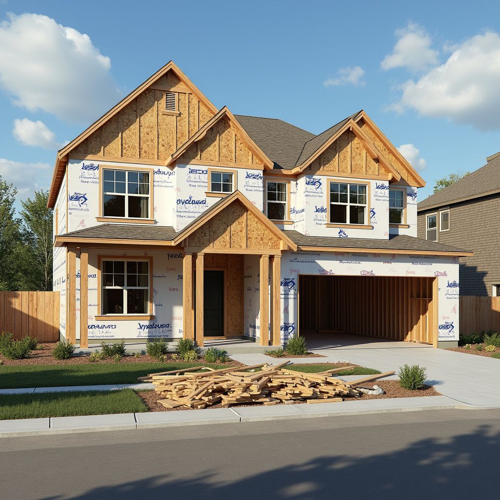 Two-story house under construction, plywood framing with a garage, blue sky.