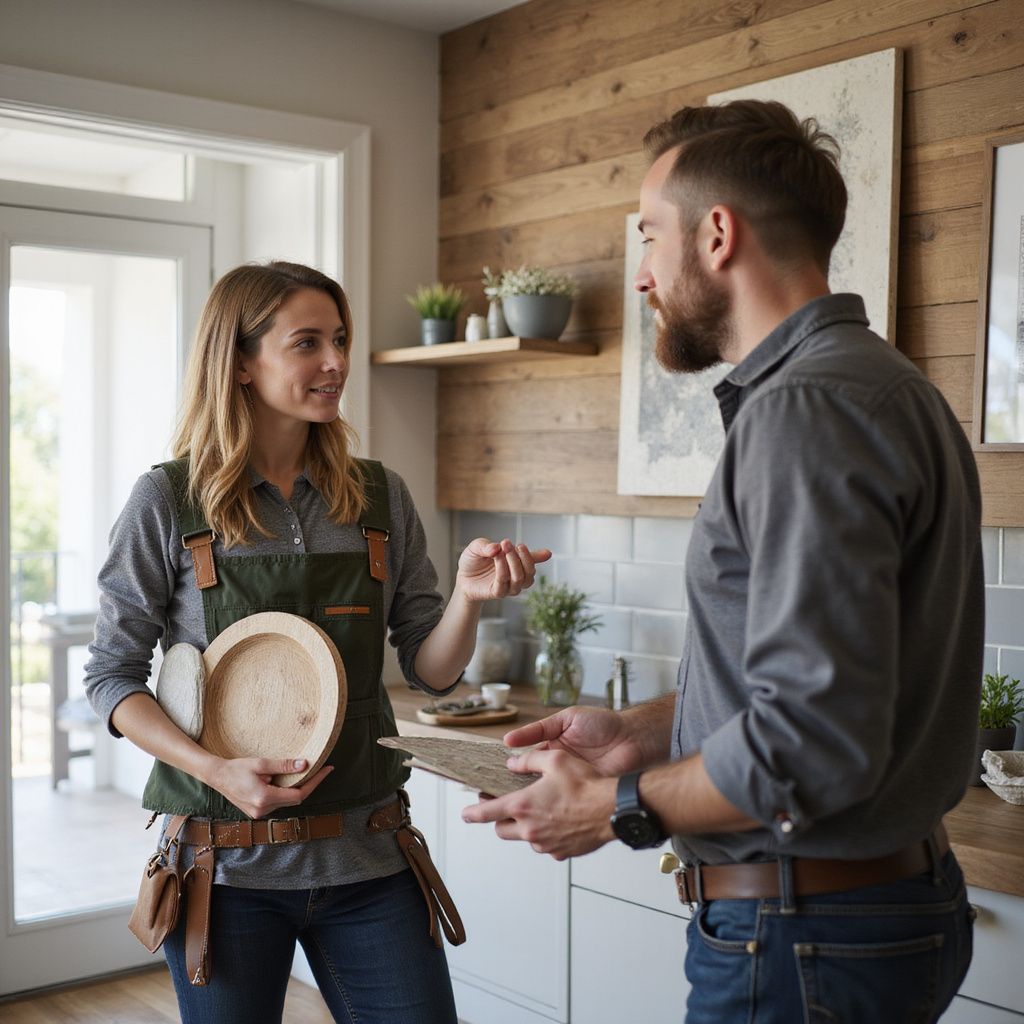 Woman with tool belt and man discussing renovation in a kitchen.
