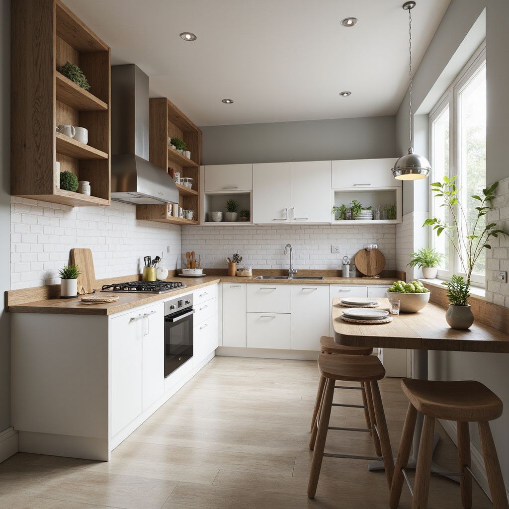 Modern kitchen with white cabinets, wooden countertops and shelves, and a small dining table with stools.