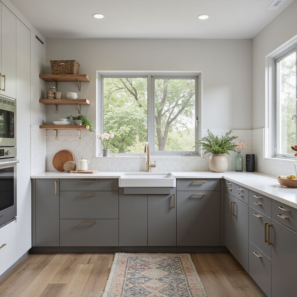 Modern gray kitchen with white countertops, wooden shelves, and a window overlooking greenery.