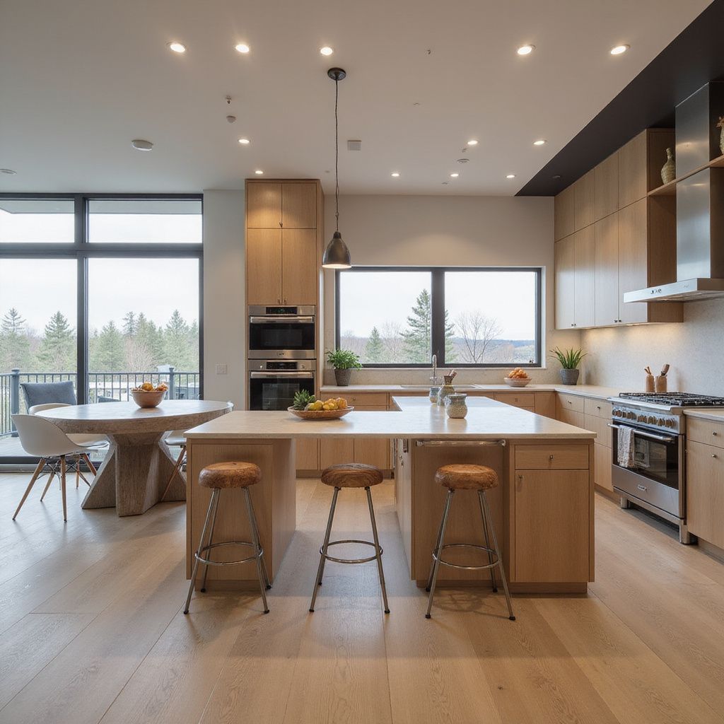 Modern kitchen with wood cabinets, island with stools, and dining table by a large window.