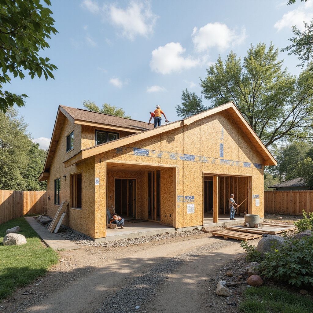 Construction of a two-story home with exposed wood framing; workers on roof and inside garage.