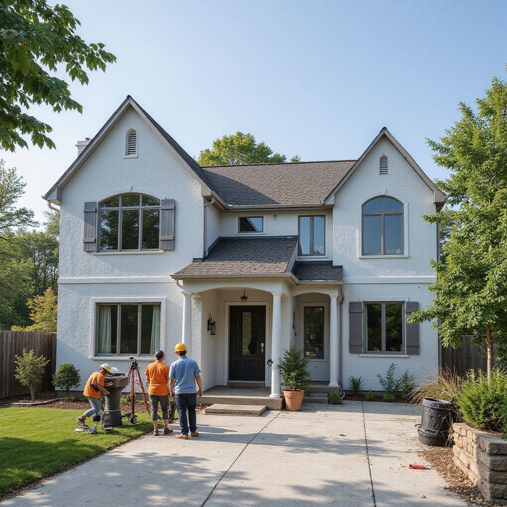 Workers with surveying equipment in front of a two-story white house with gray shutters and a dark front door.