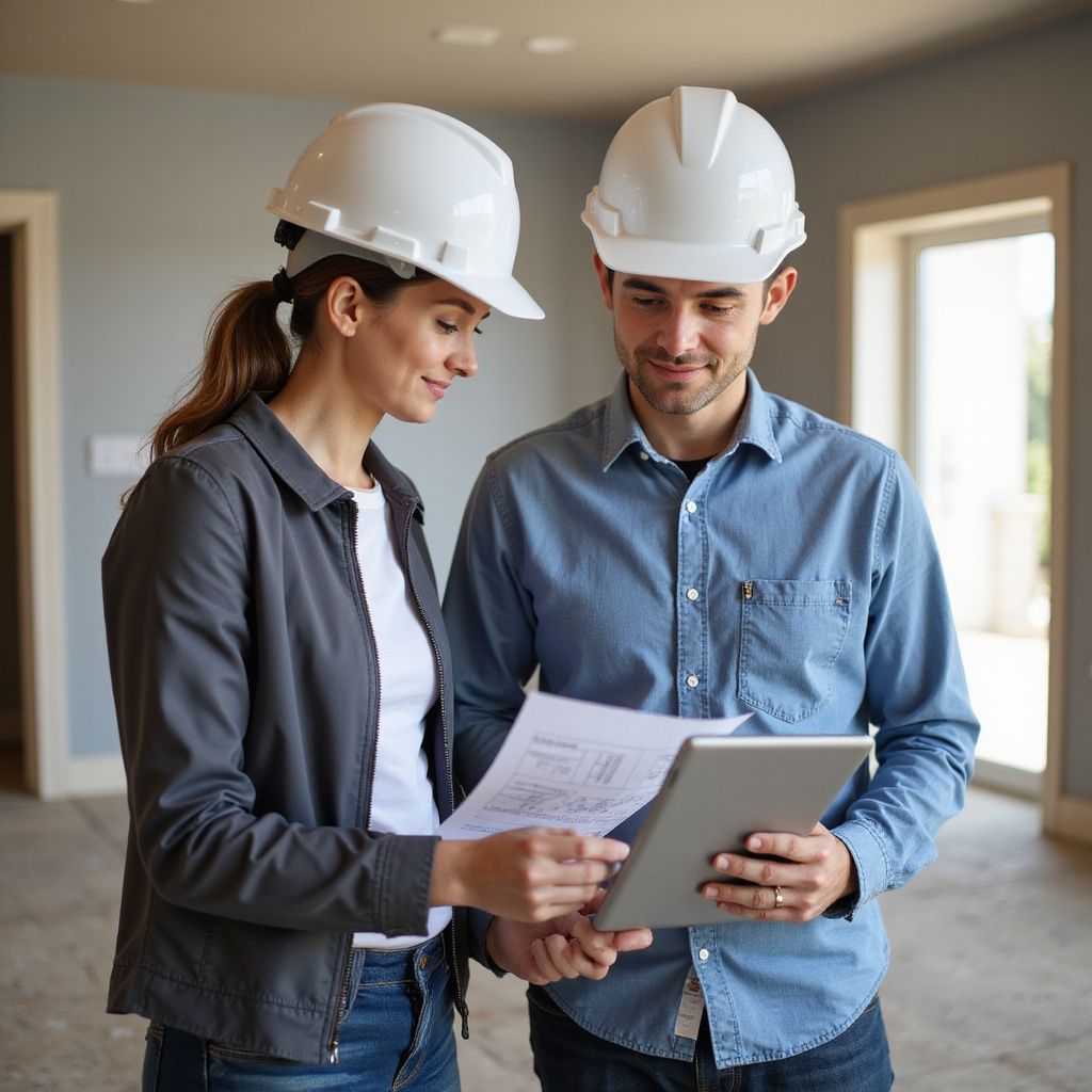 Two people in hard hats reviewing blueprints and a tablet in an unfinished room.