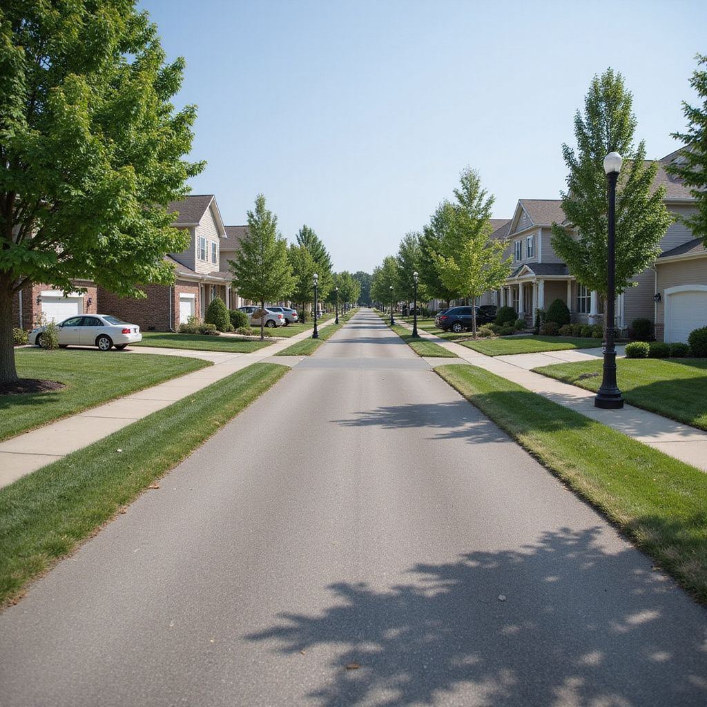 Suburban street lined with houses, trees, and streetlights on a sunny day.