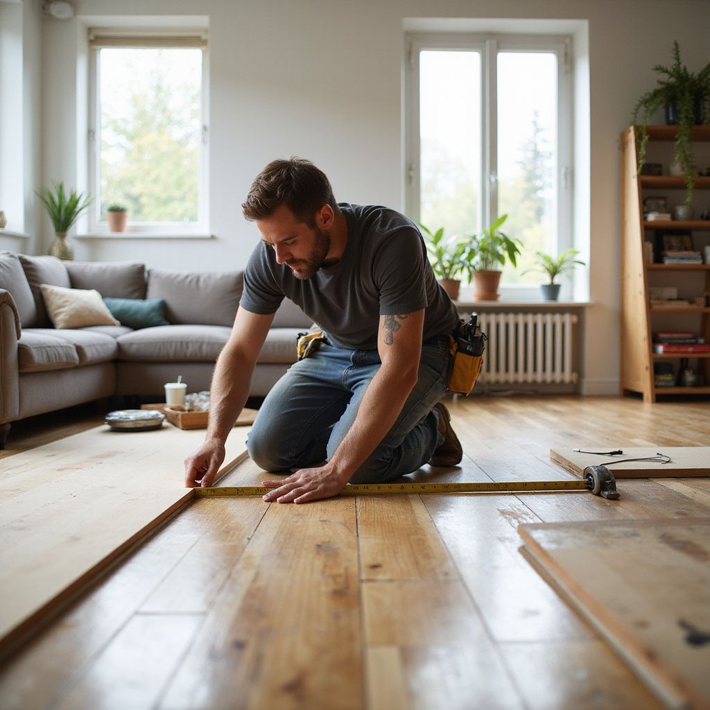 Man kneeling on hardwood floor, measuring plank for installation. Interior setting with living room visible.