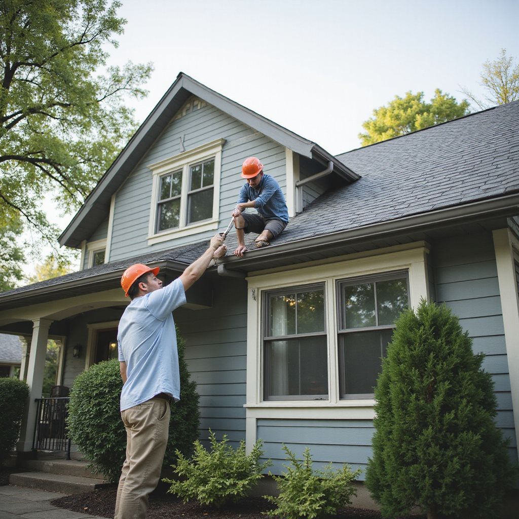 Two construction workers on a house. One on the roof, the other on the ground, both wearing orange helmets.