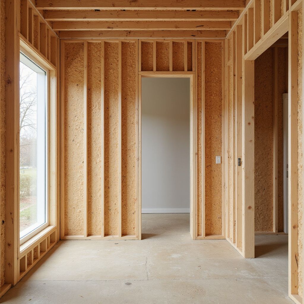 Interior view of a building under construction, showing wooden frames, window, door openings, and a concrete floor.
