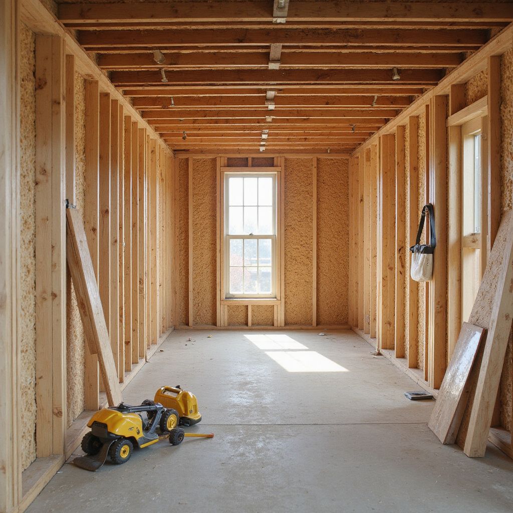 Interior of a room under construction, with wooden studs, concrete floor, window, and toy construction vehicles.