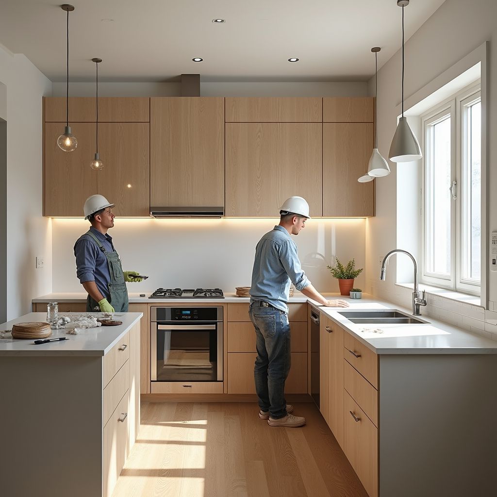 Two workers in hard hats inspect a modern kitchen with light wood cabinets, gas range, and sink.