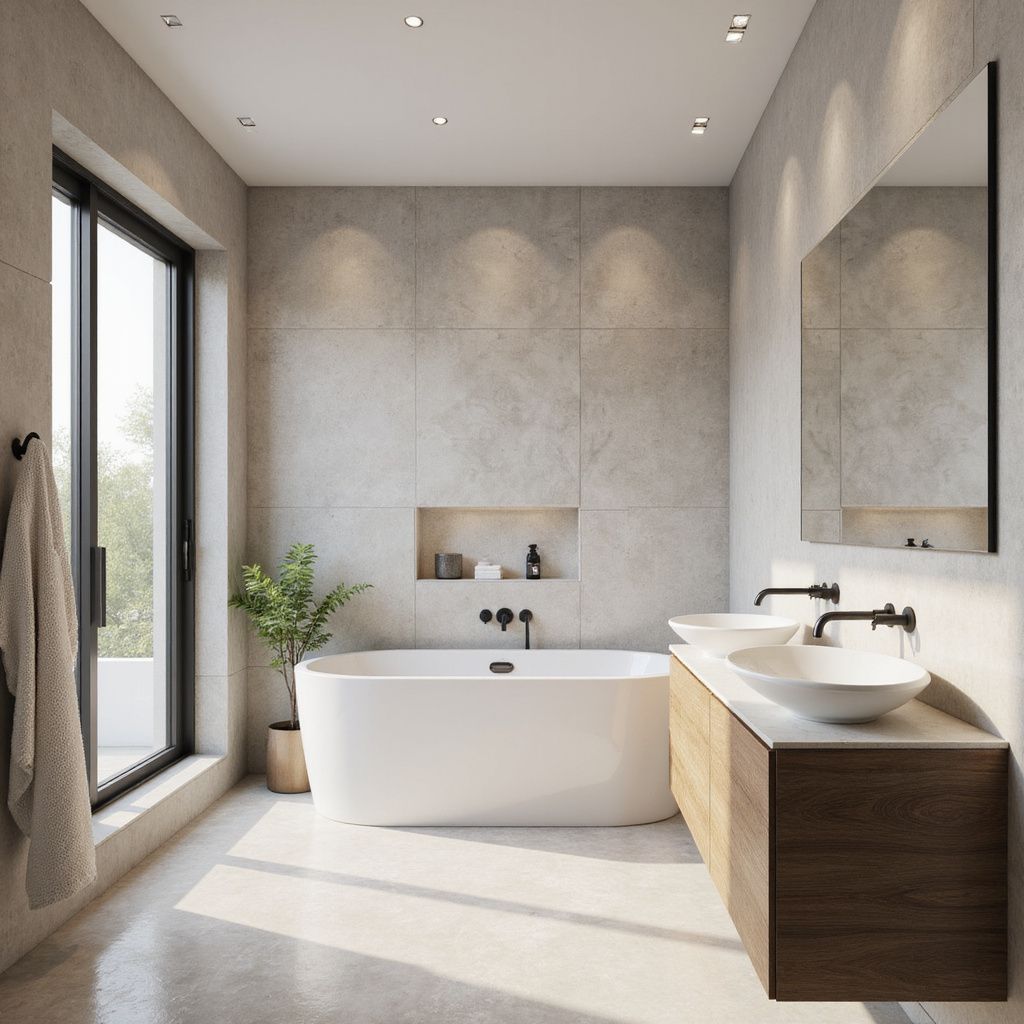 Modern bathroom with a bathtub, dual sinks, and a large window.