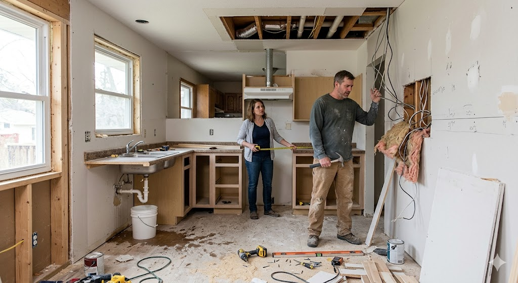 Two people renovating a damaged kitchen with exposed ceiling and construction debris on the floor