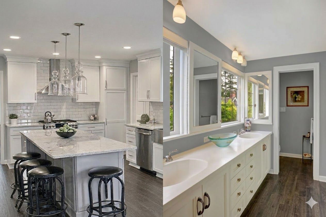 A split image showing a modern kitchen with a marble island and a bright bathroom vanity with white cabinets.