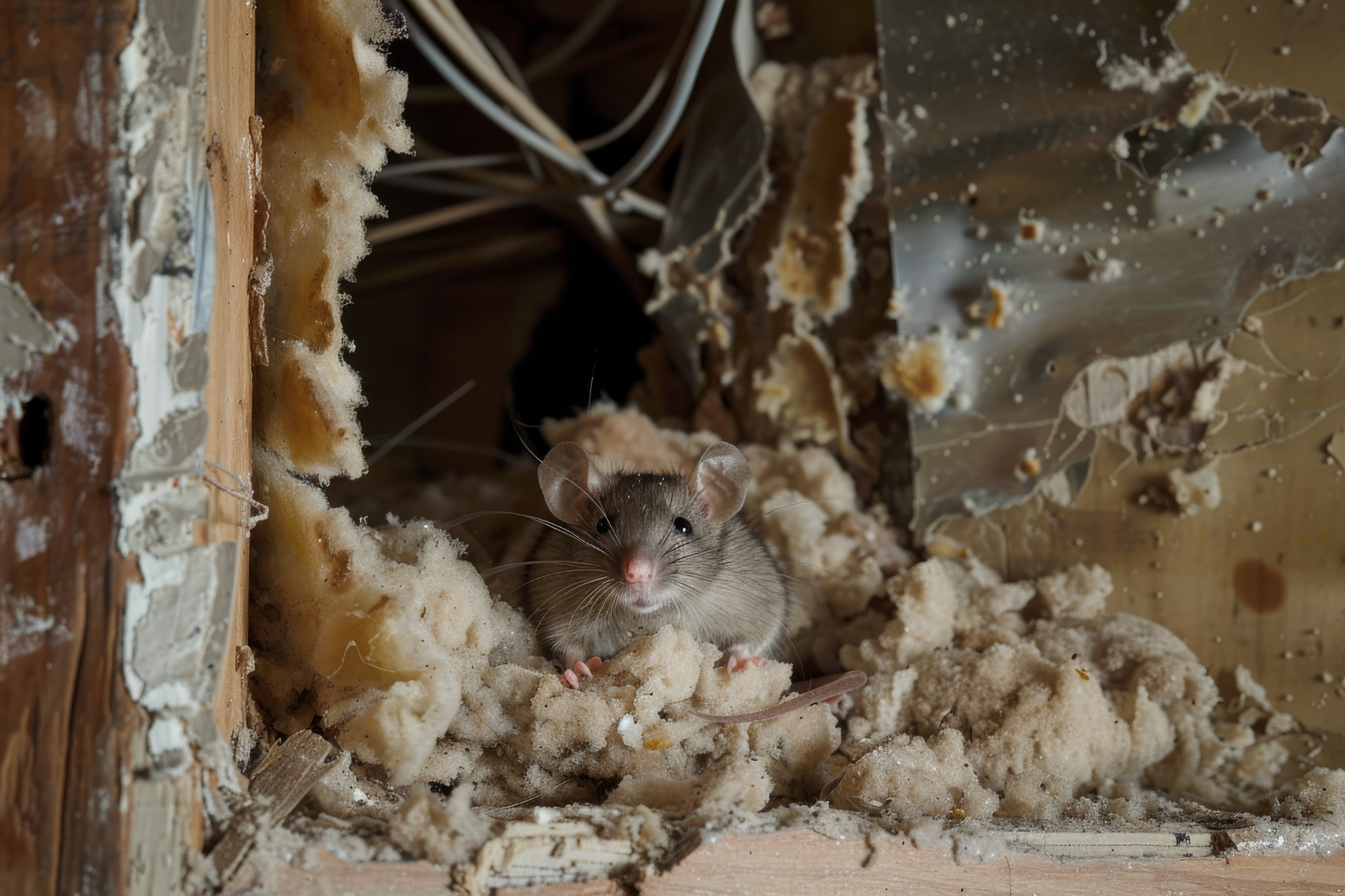 A mouse is sitting in a hole in a wall.