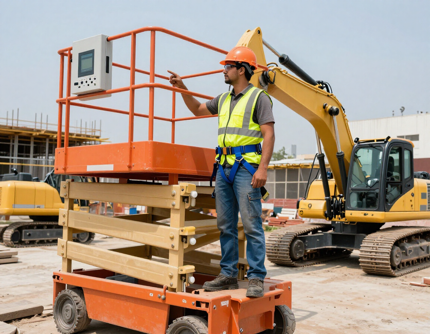 Obrero de la construcción en una plataforma elevadora de tijera naranja en una obra, con la excavadora y el equipo de seguridad a la vista.