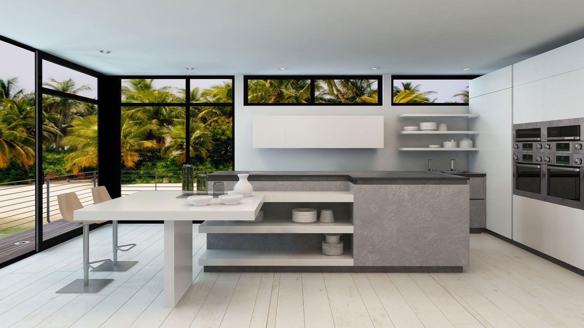 Une cuisine moderne avec un grand îlot et beaucoup de fenêtres.