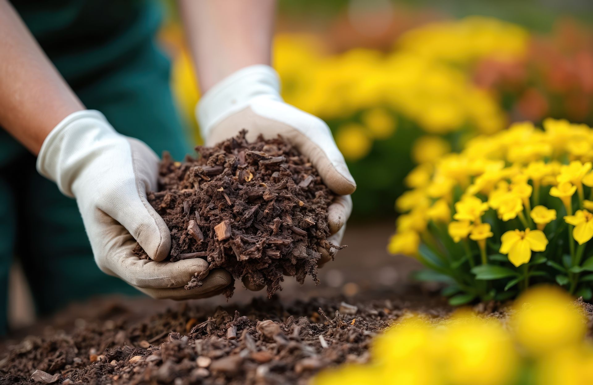 Gardener wearing gloves spreading mulch in a flower bed with bright yellow flowers Gardener wearing gloves spreading mulch in a flower bed with bright yellow flowers