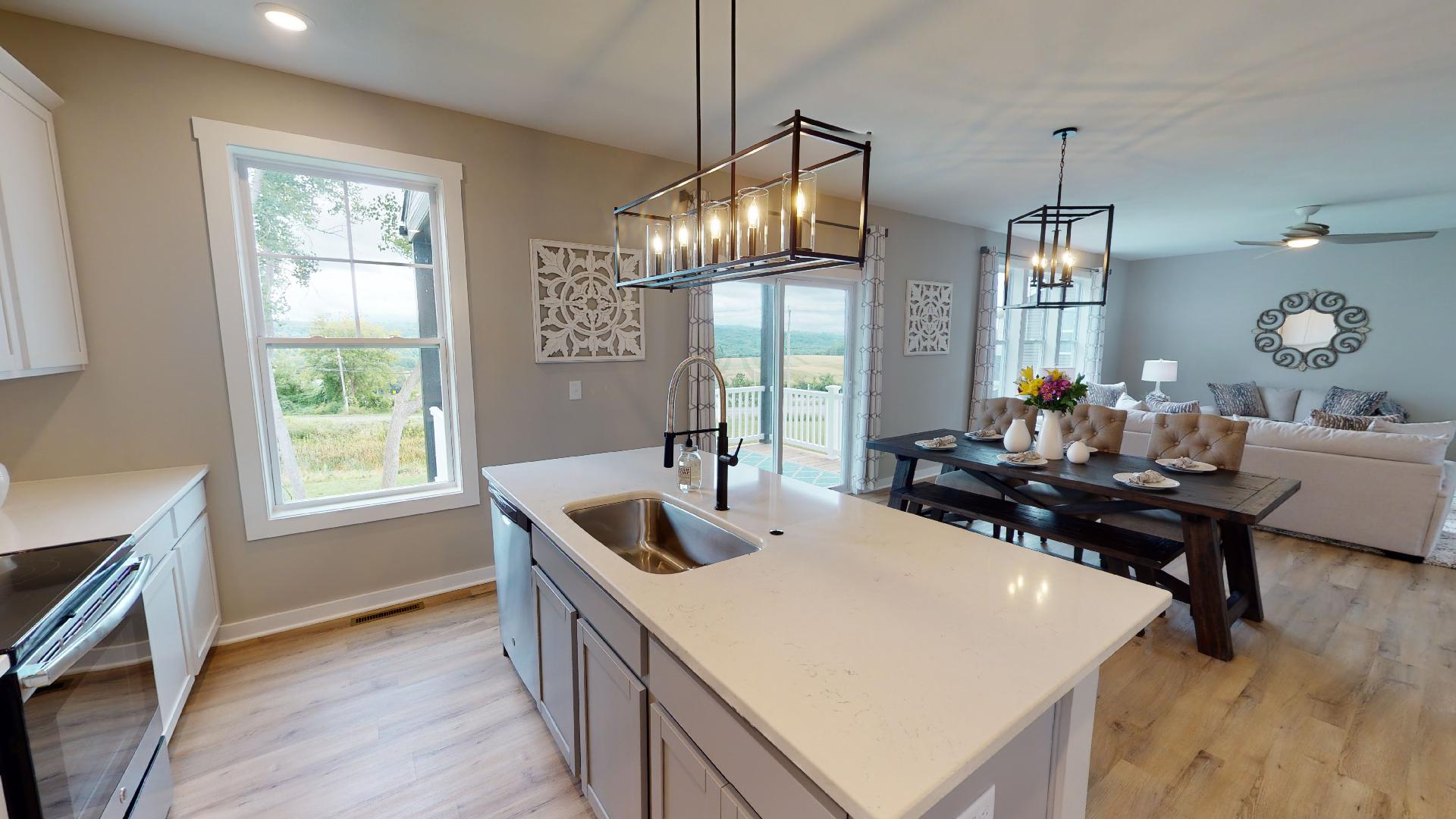 kitchen island and dining room