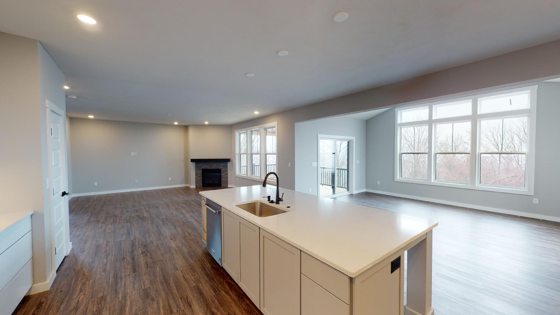 kitchen island and living room