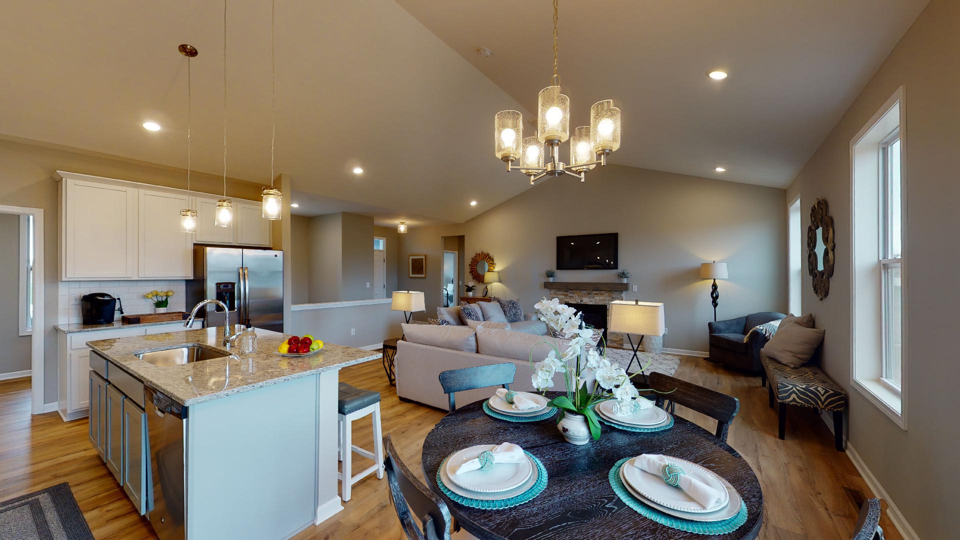 dinette, living room, and kitchen