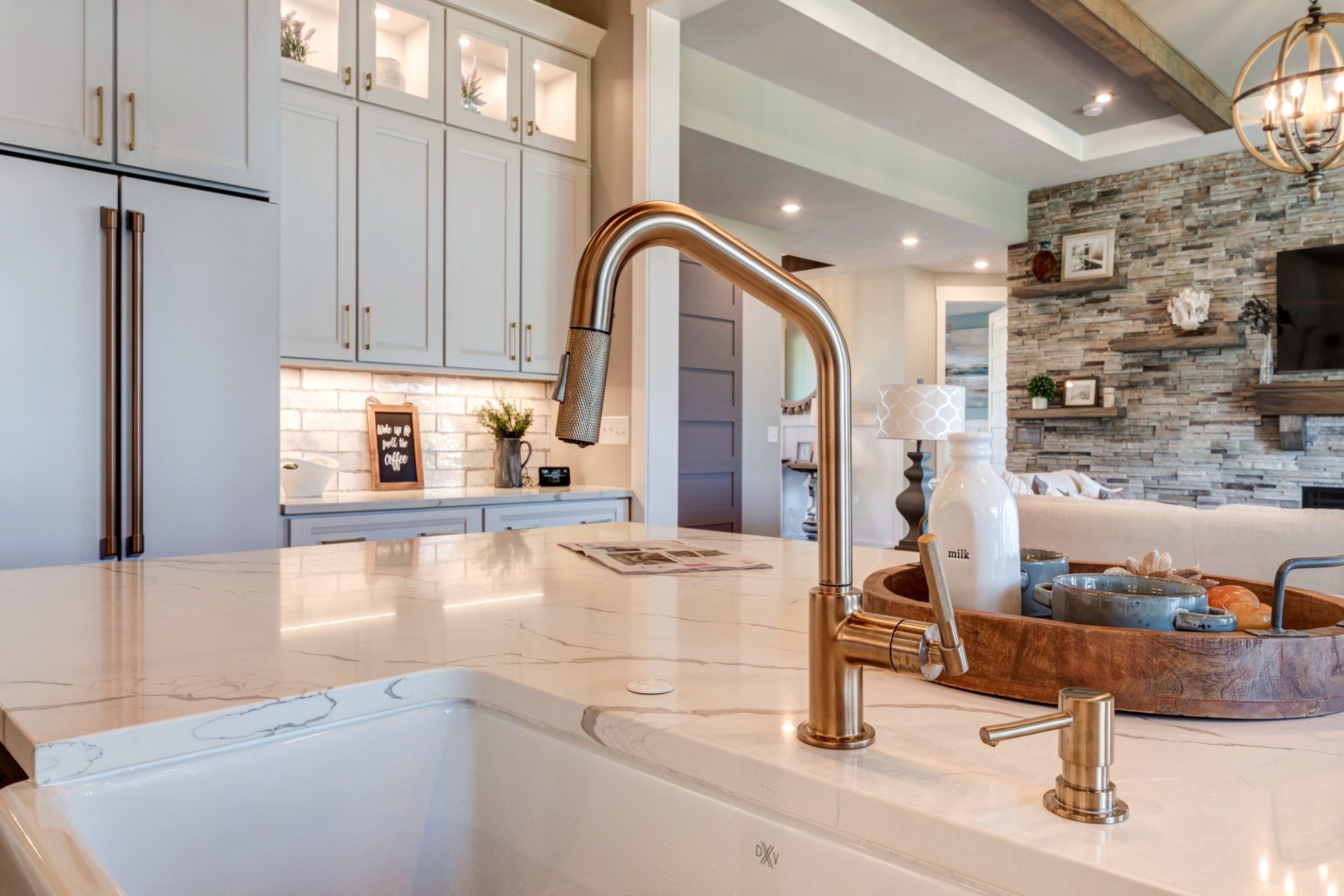 farmhouse sink in marble island