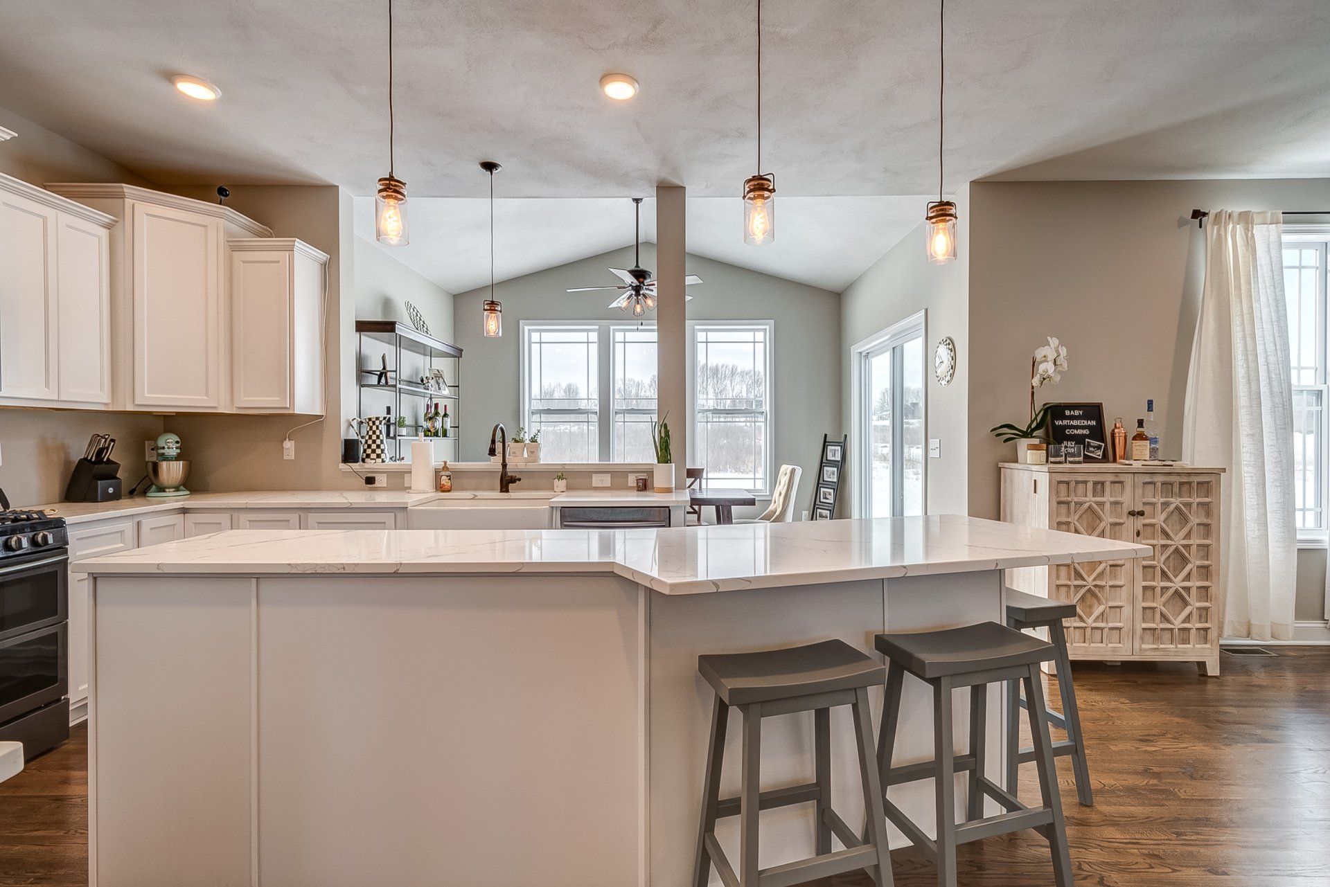 kitchen island and dining room
