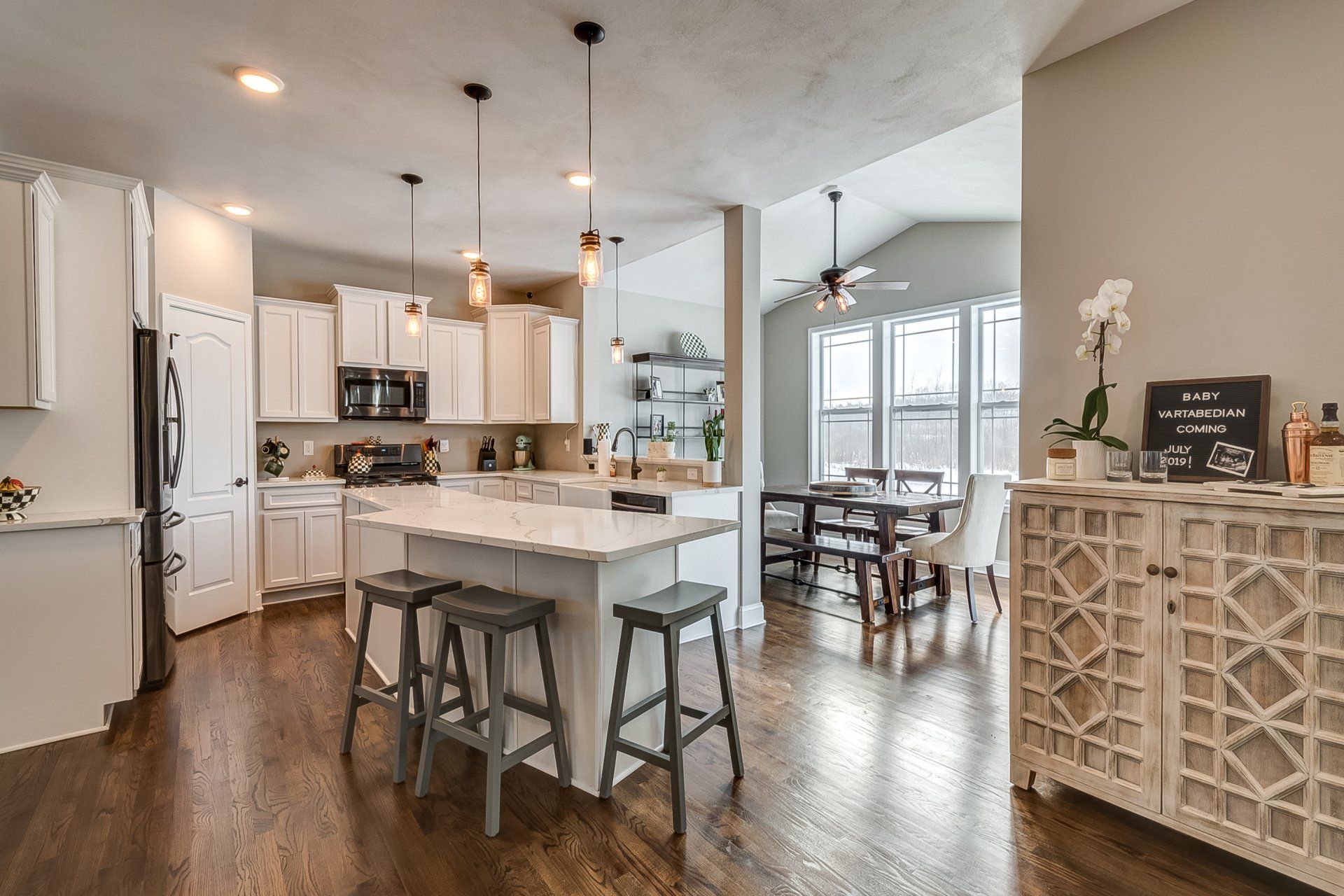 kitchen and dining room in background