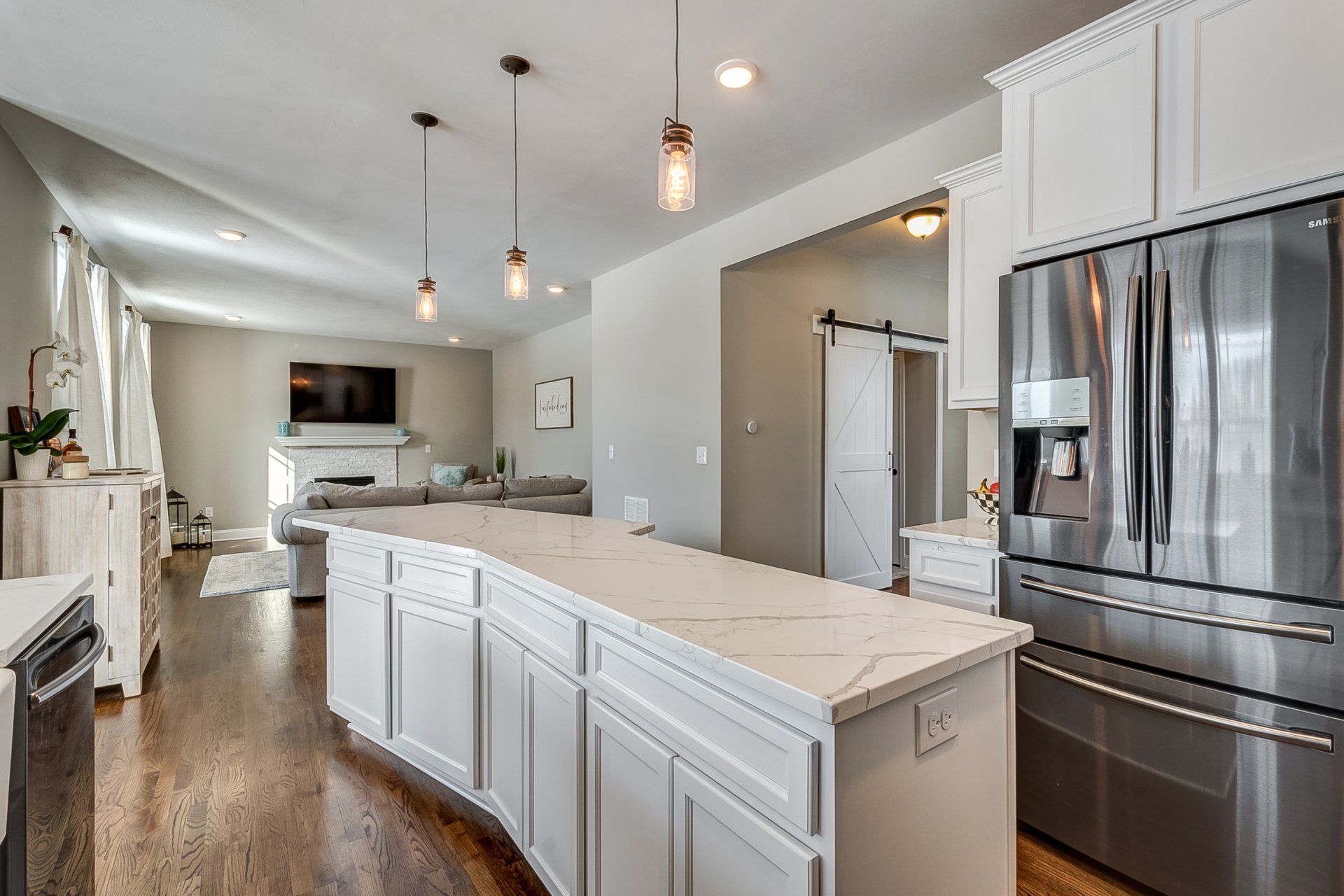 kitchen island and living room