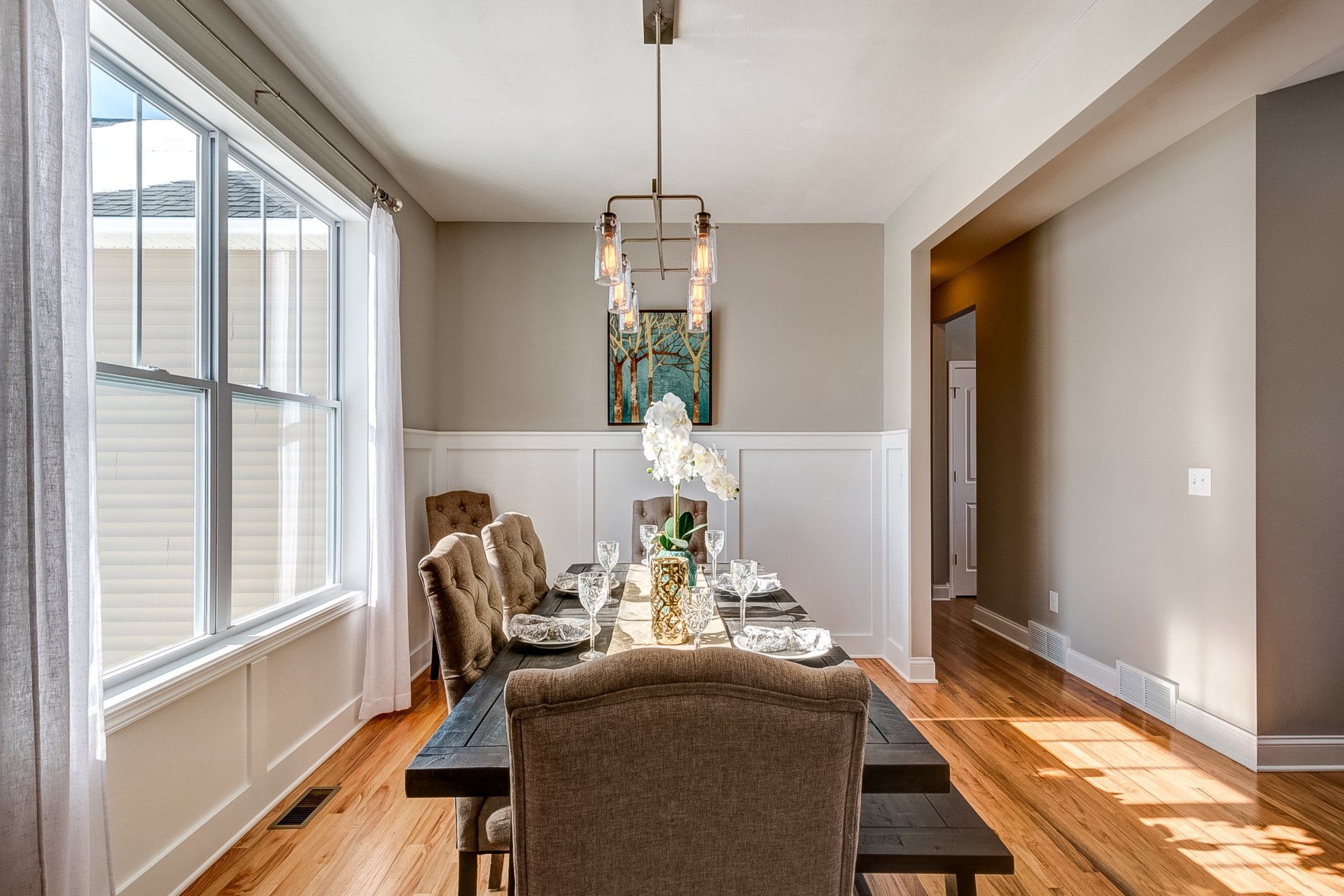 dining room and 6 person table set with bench