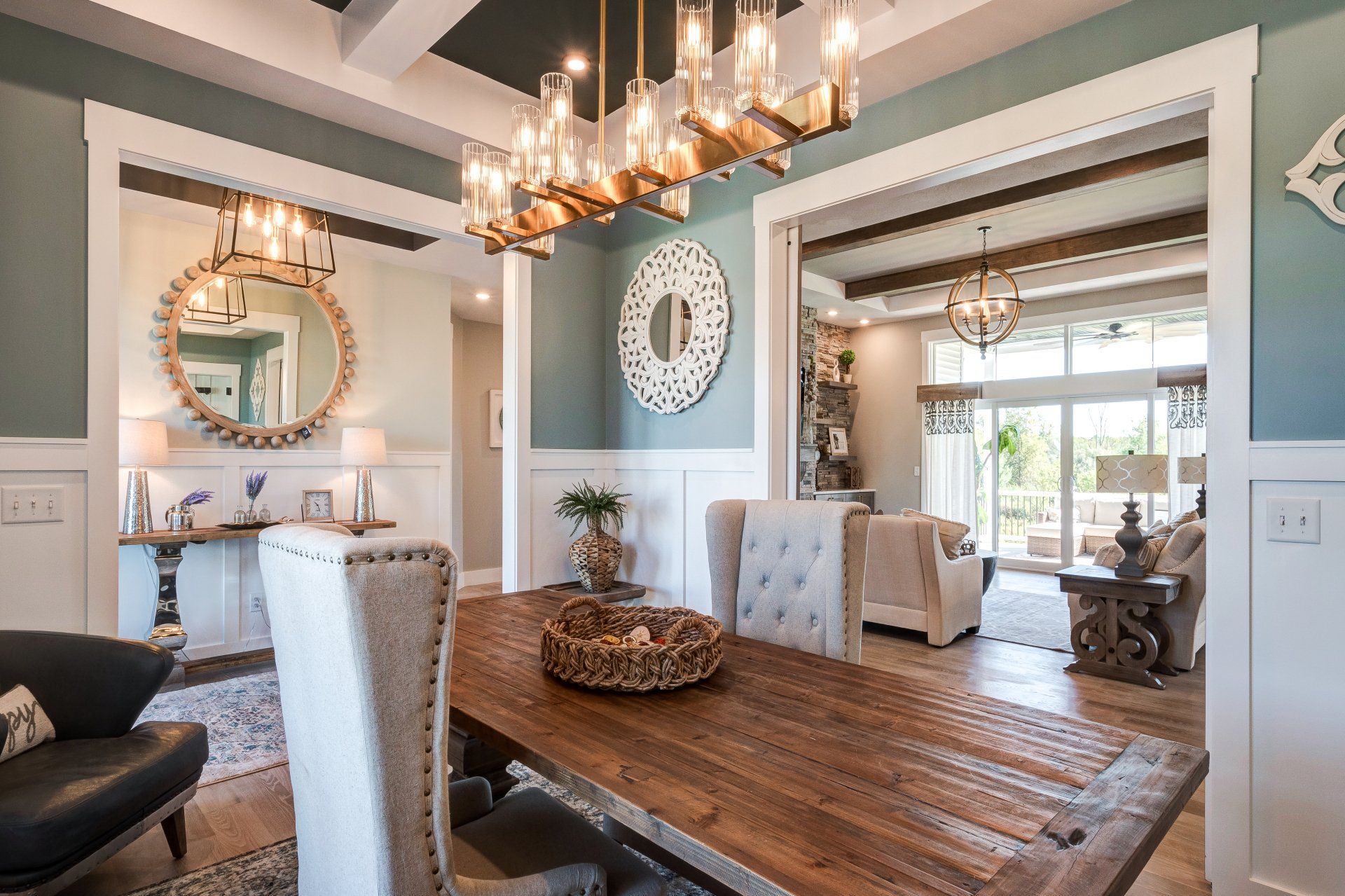 Dining room with hallway and living room in background