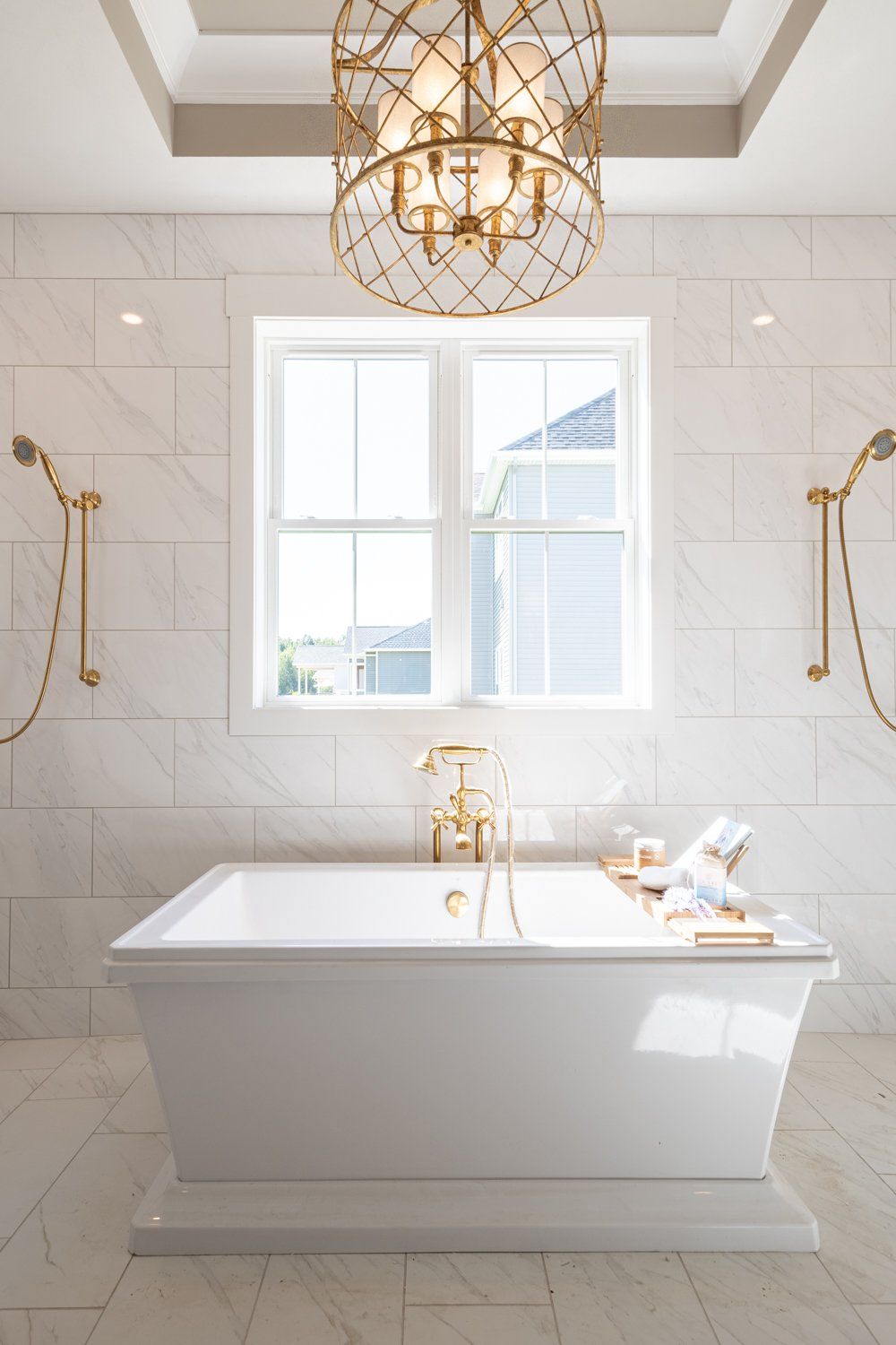 bathroom with recessed ceiling