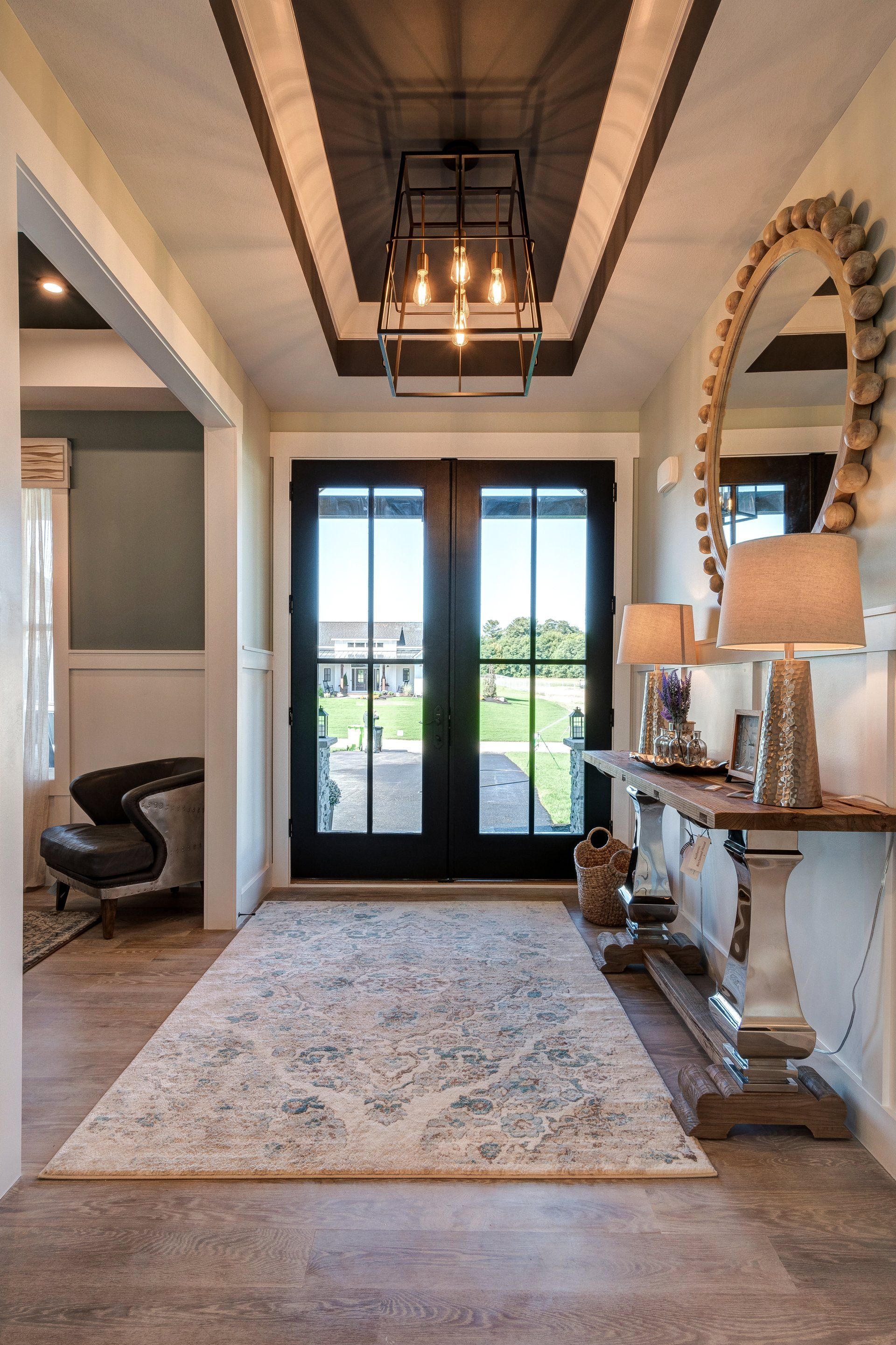 Front entryway with recessed ceiling and French doors