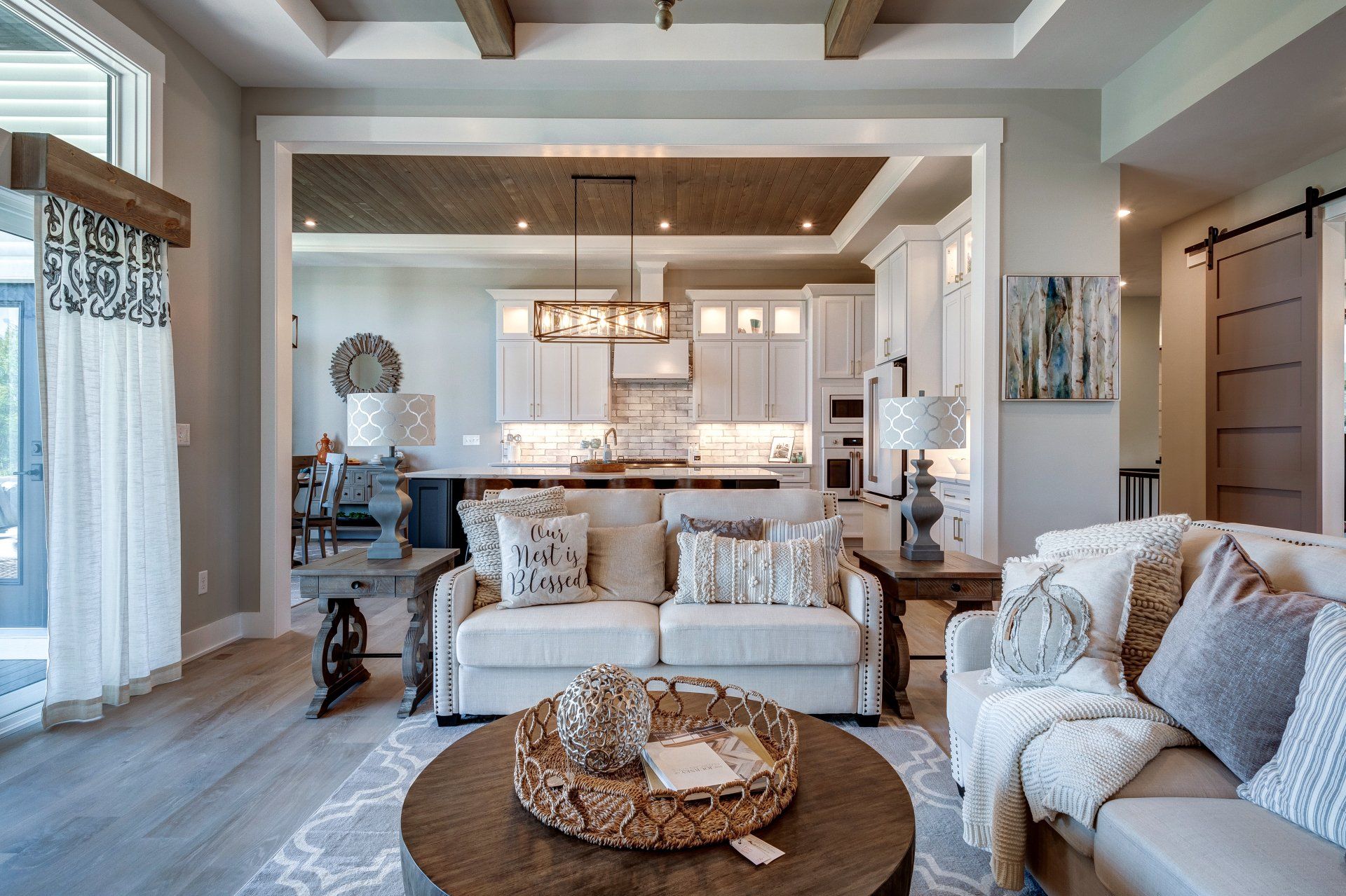 Livingroom with kitchen in background