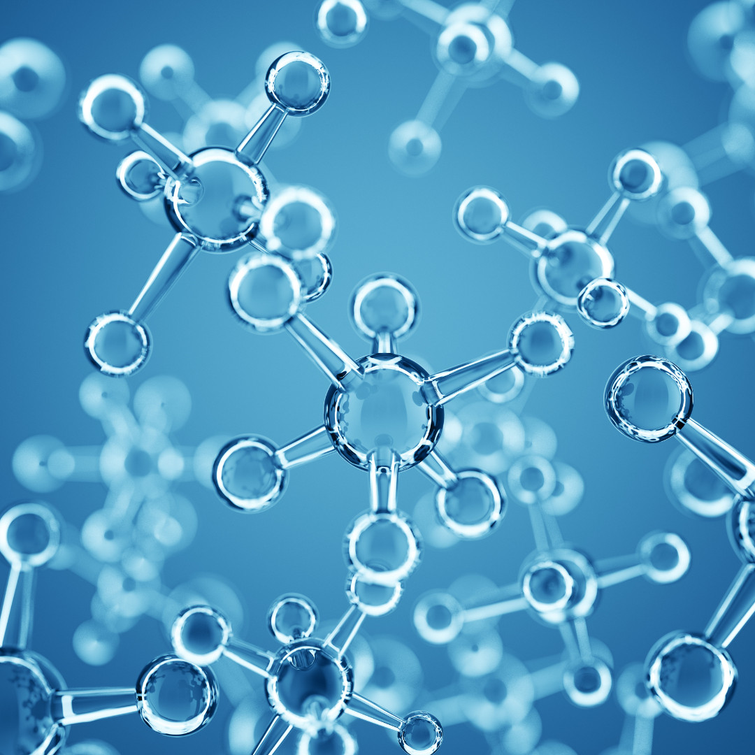 The image shows a close-up view of molecular structures in a blue tone.
