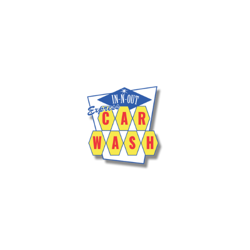 The image shows the "In-N-Out Express Car Wash" logo, featuring a blue triangular shape at the top with the text "In-N-Out" written in a cursive font.
