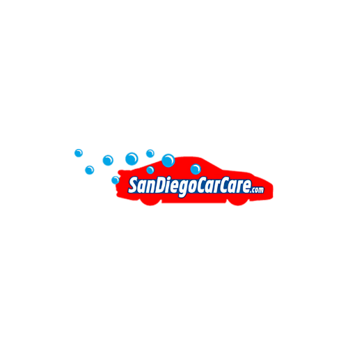 It features a red car silhouette with blue water droplets trailing behind it, symbolizing a car wash or detailing service.